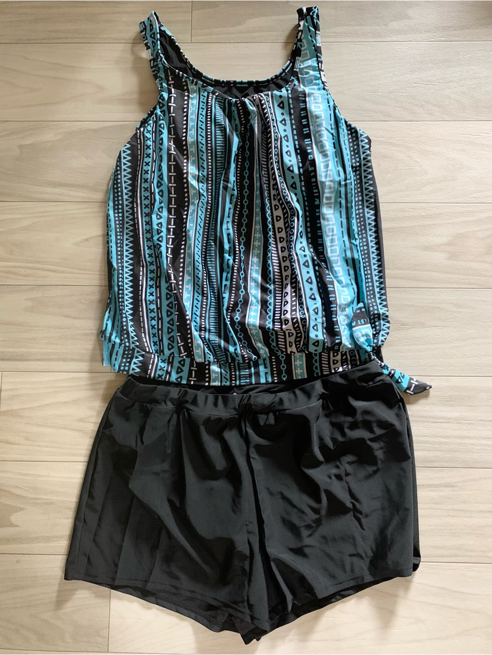 NEW! Striped Teal and Black Tankini Set Top with Black Swim Shorts XL 1X 2X
